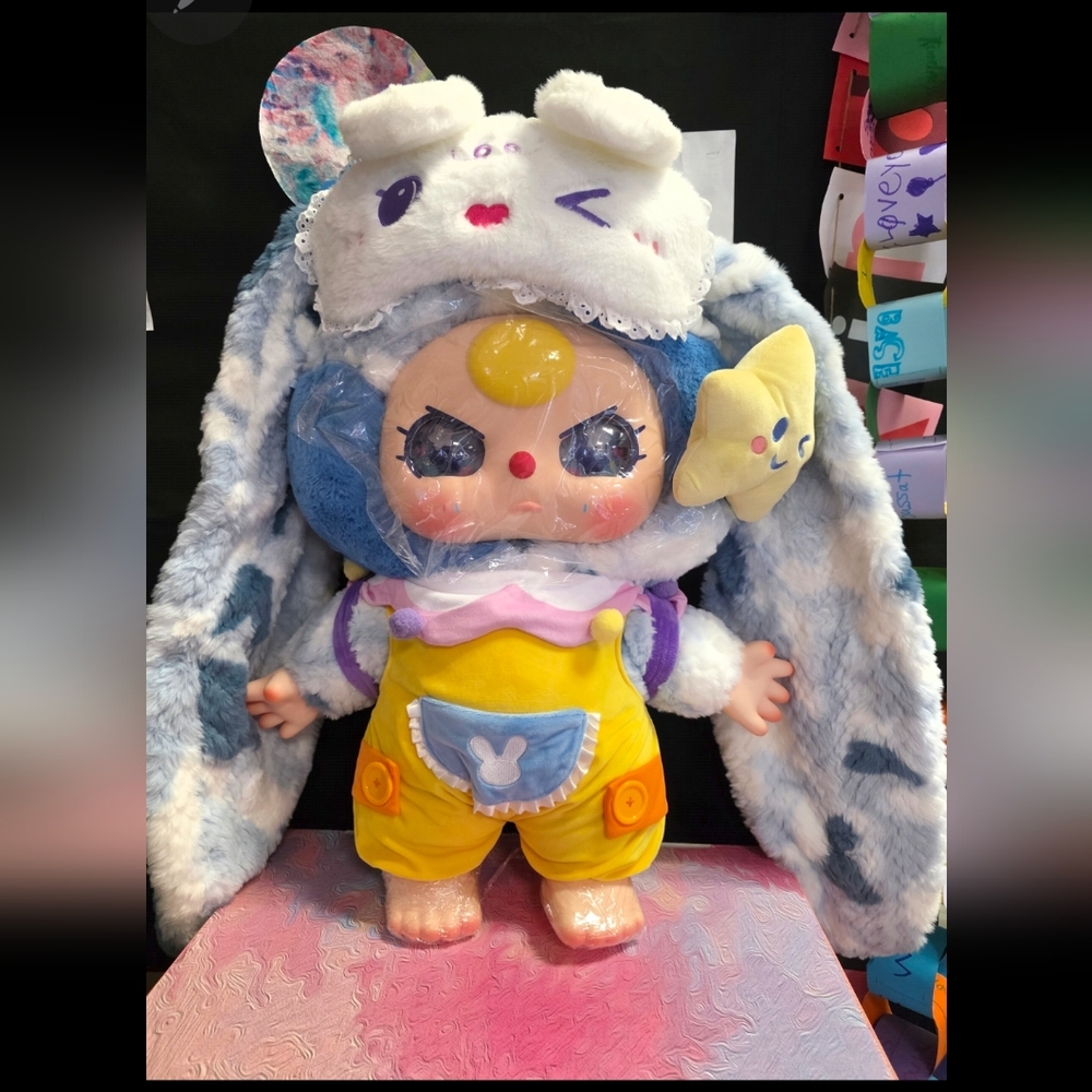 Charming Plush Doll with Yellow Overalls and Blue Hat